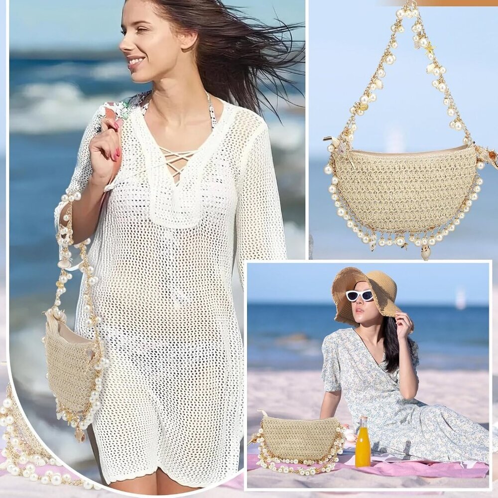 Chic Cloud Dumpling Straw Handbag With Pearl Stra… - image 5